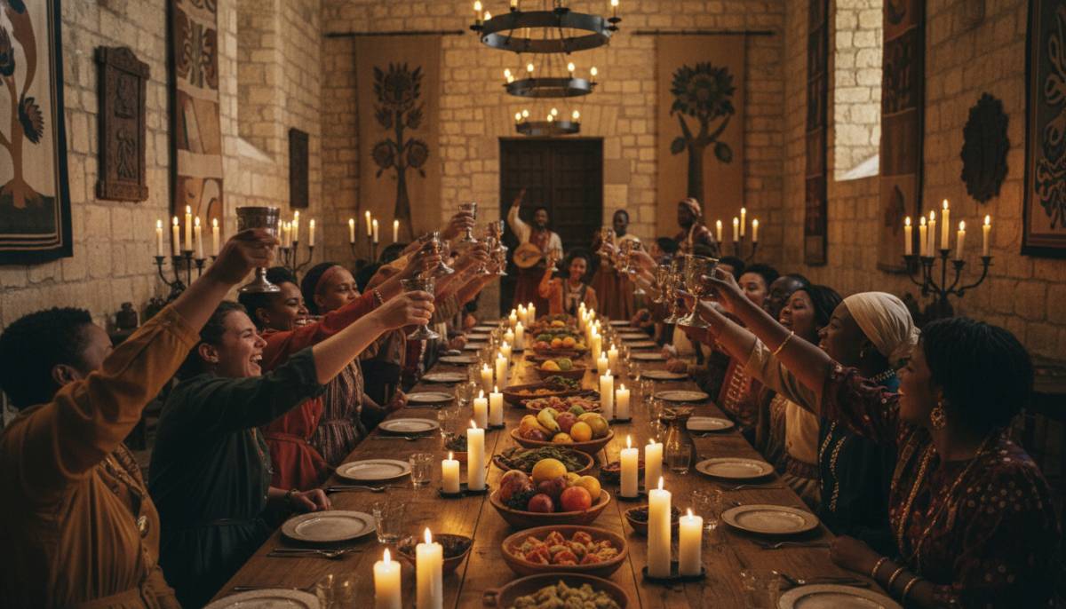 Guests toasting at a medieval banquet