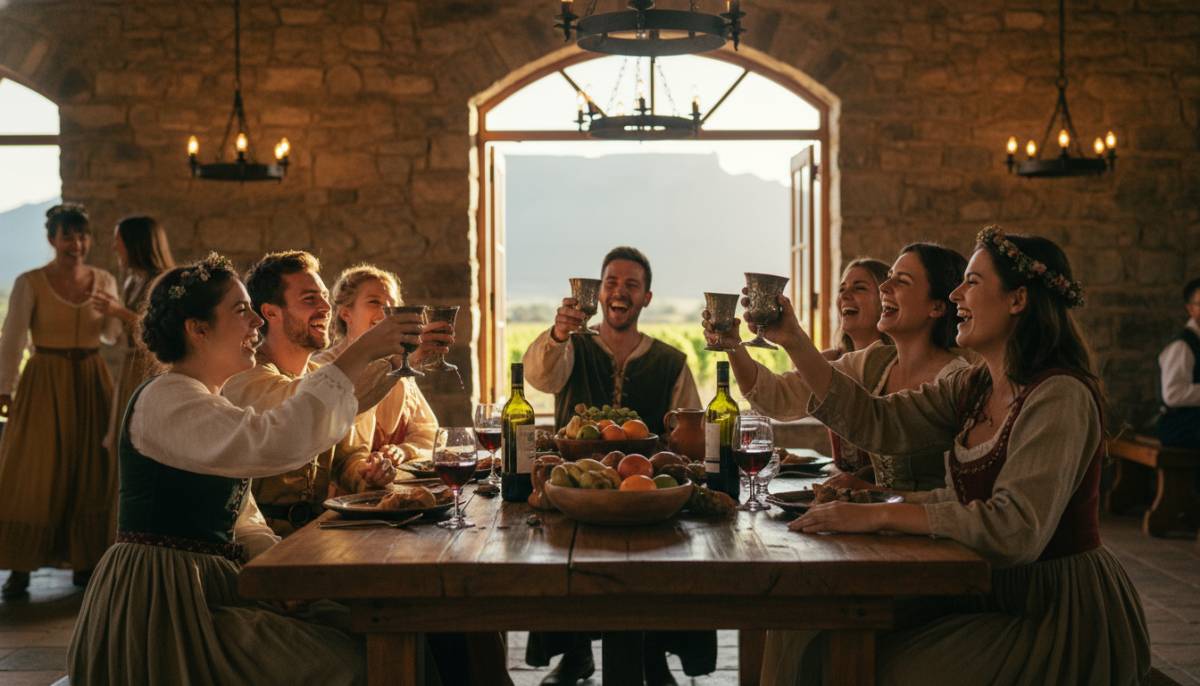 Guests laughing with goblets at banquet
