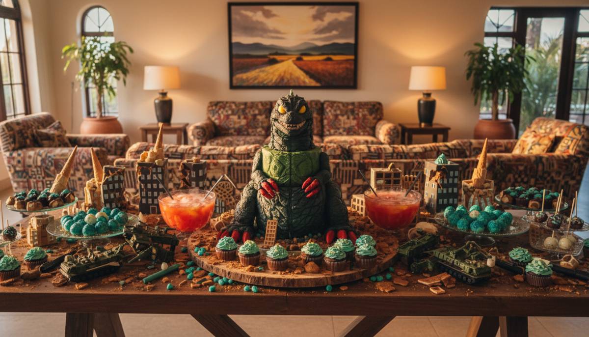 Kaiju dessert table with crushed building props in a Durban lounge