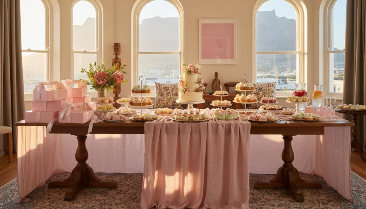 Pastel hotel pastry table with pink bakery boxes in a Cape Town apartment