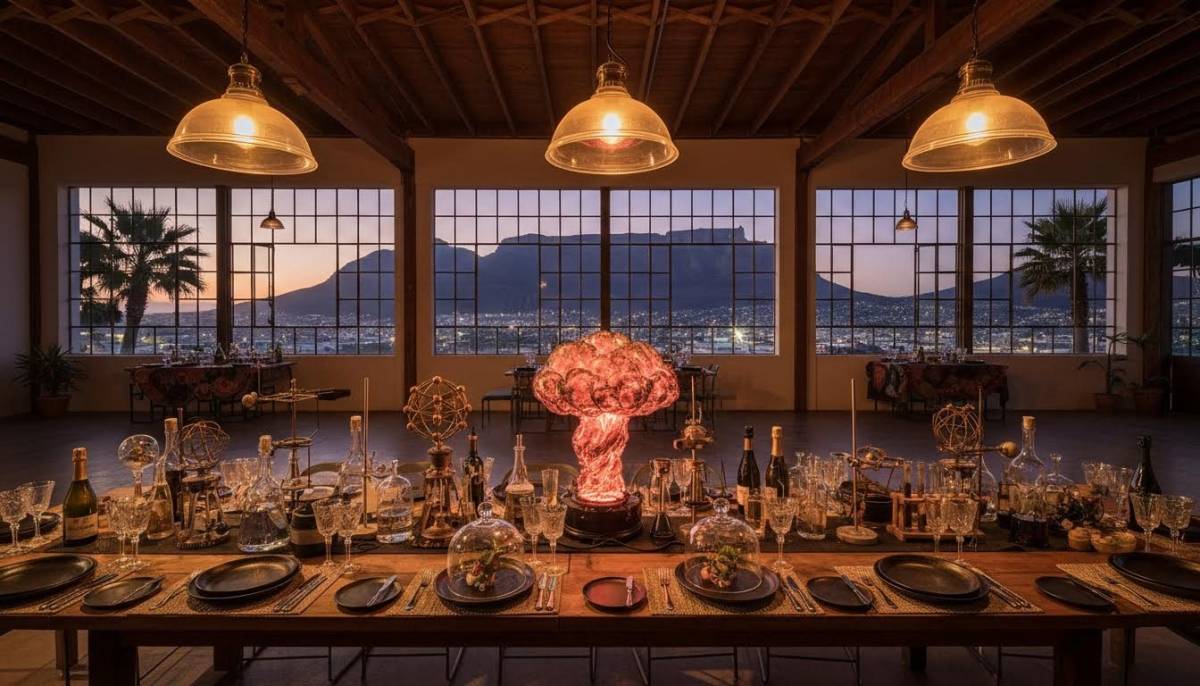Atomic dinner table with amber lamps and lab props in a Cape Town loft.