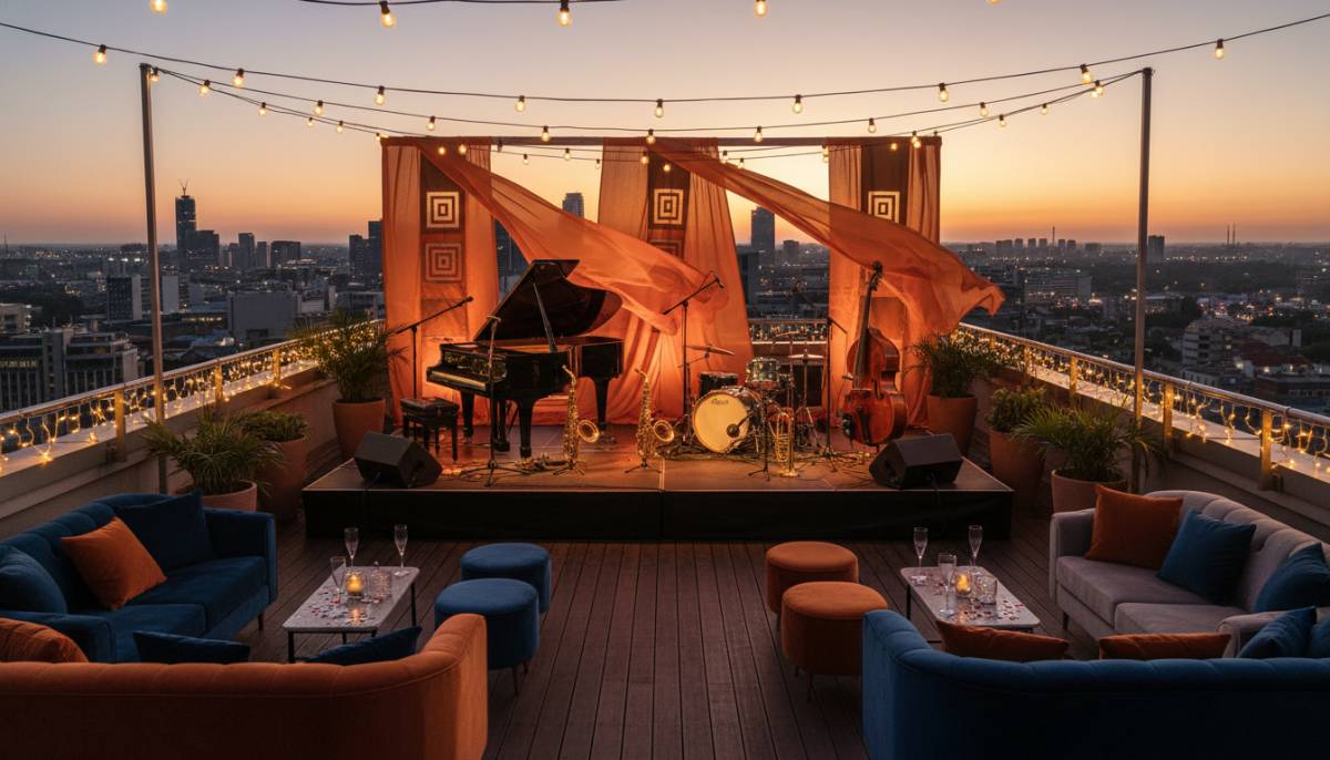 La La Land inspired jazz stage on a Johannesburg rooftop with twilight lights.