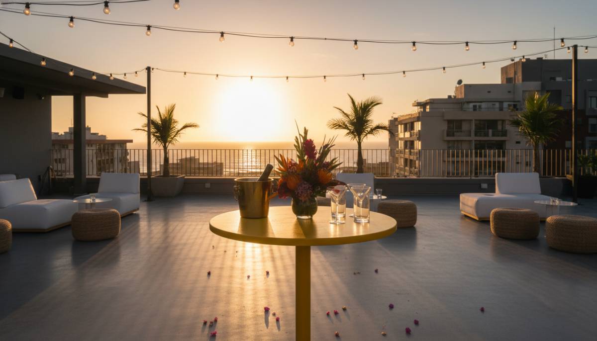Mustard yellow cocktail table on a Durban rooftop with soft sunset lighting.