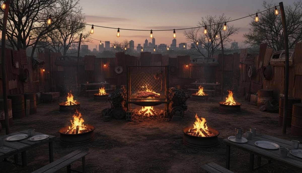 Mad Max wasteland braai setup with fire pits in a Johannesburg garden