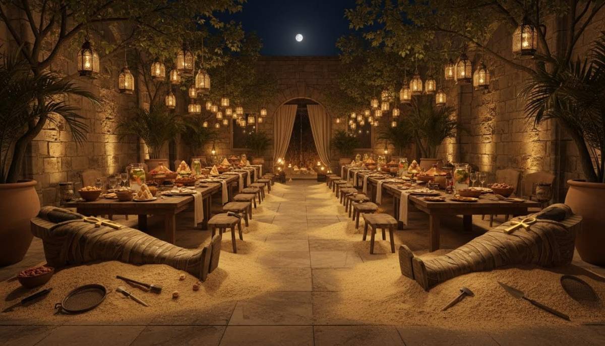Mummy-inspired desert dig banquet in a Cape Town courtyard with lanterns at night.