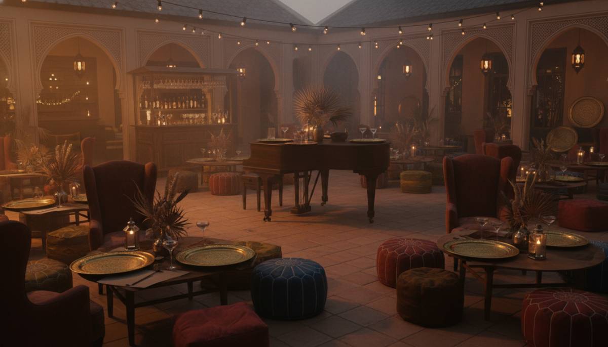 Casablanca inspired Moroccan lounge corner with amber lanterns in a Johannesburg venue