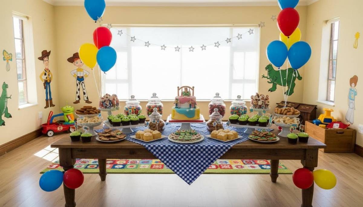 Toy Story inspired dessert table in a Pretoria home with bright daylight