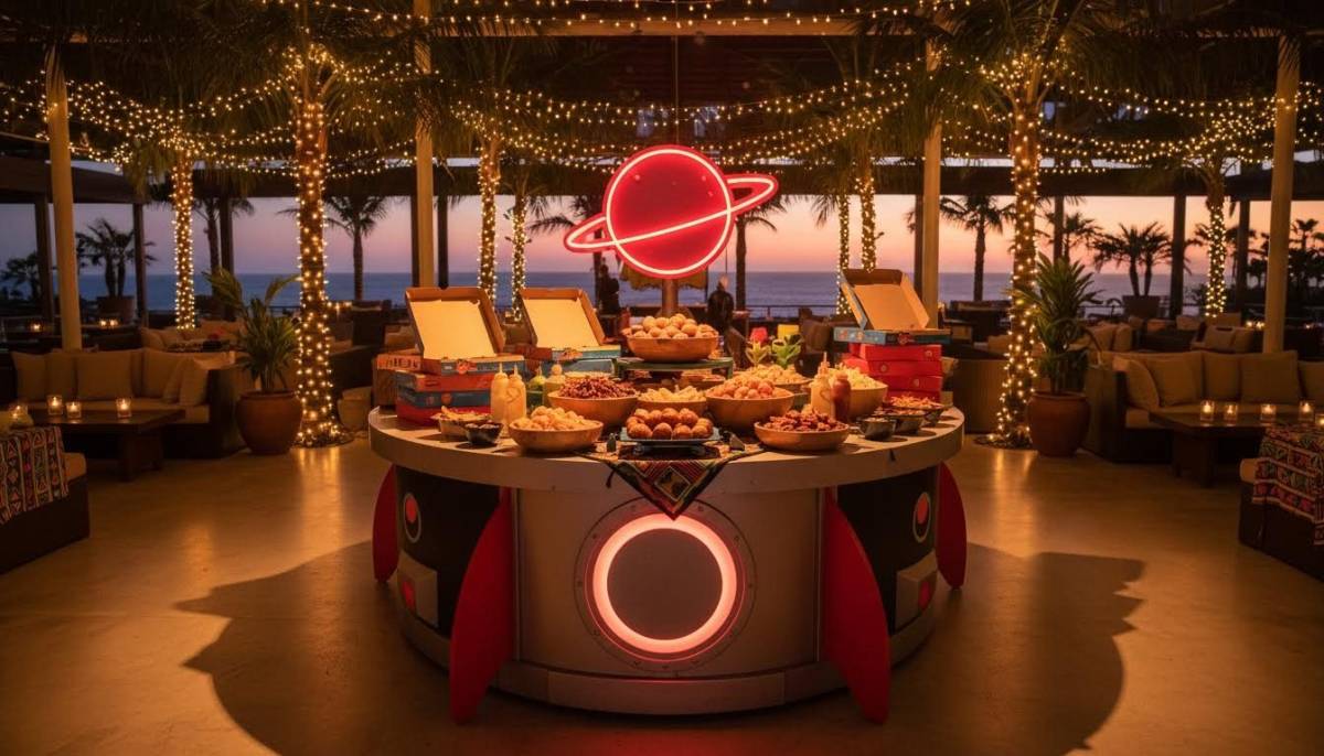 Pizza Planet inspired snack station in a Durban party venue with warm evening lighting