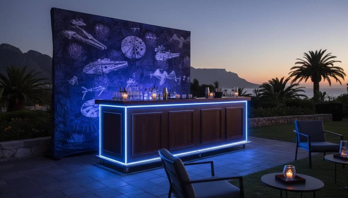 Star Wars inspired cantina cocktail bar with amber and blue lighting in Cape Town