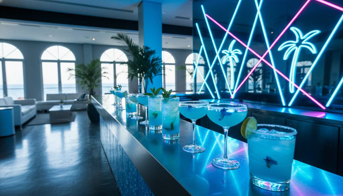 Blue mocktails on a metallic bar in a Durban event space