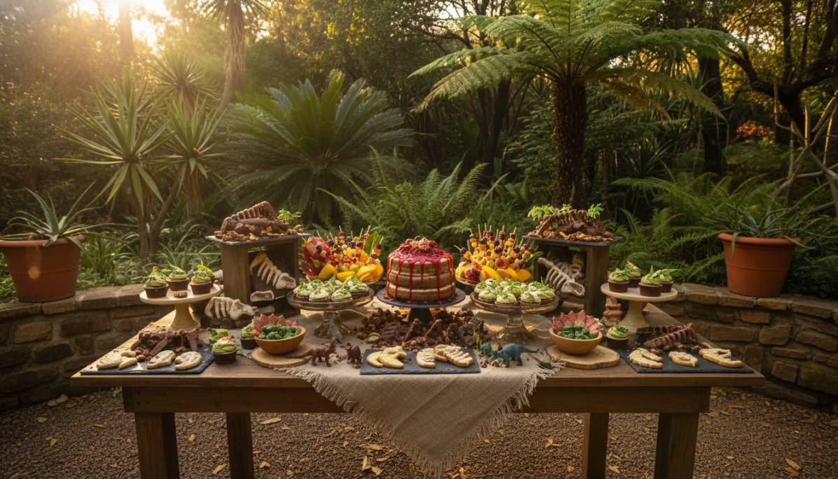 Jurassic explorer dessert table in a South African garden with ferns and warm afternoon light
