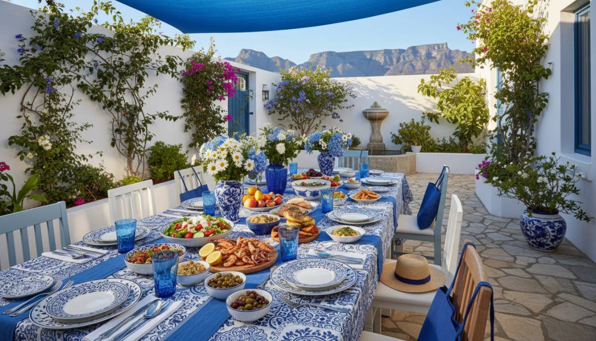 Mamma Mia blue and white lunch table in a Cape Town courtyard with summer light