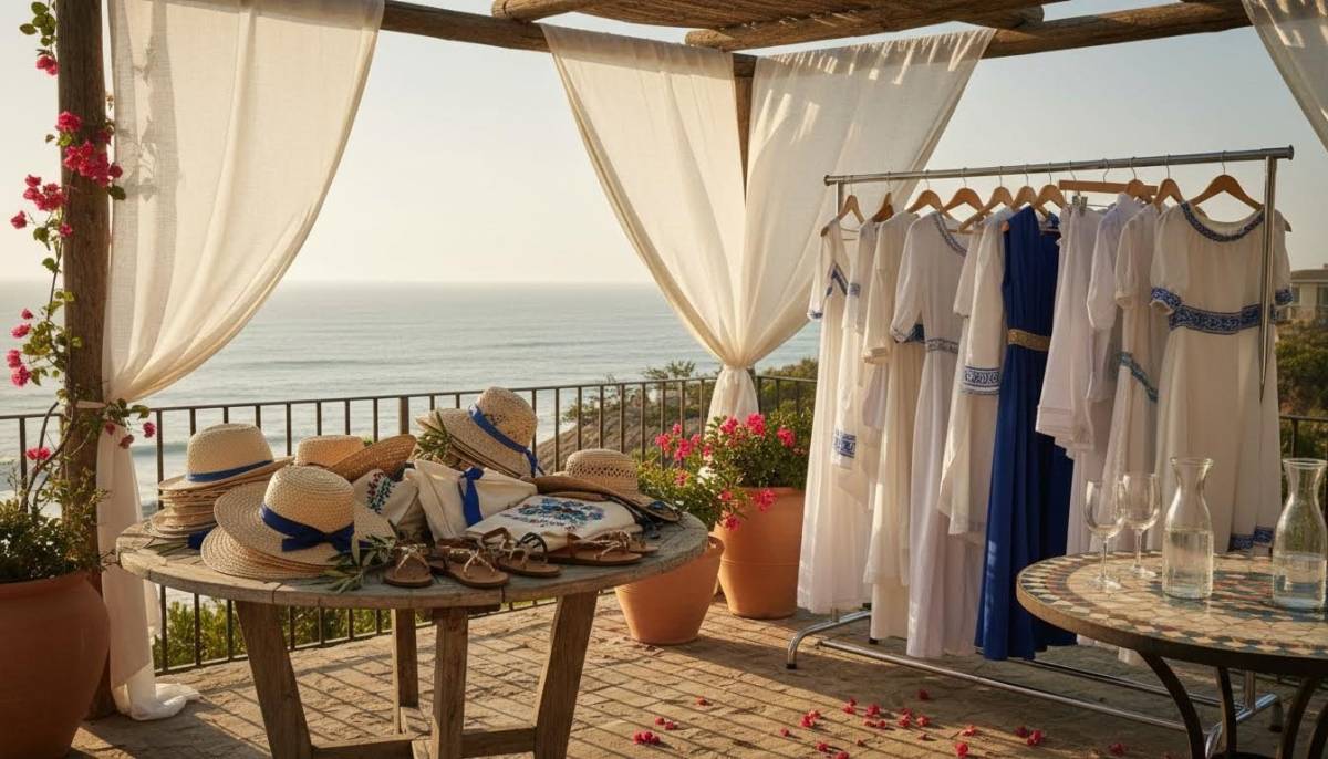 Greek island costume corner with hats and linen at a Durban patio in warm light
