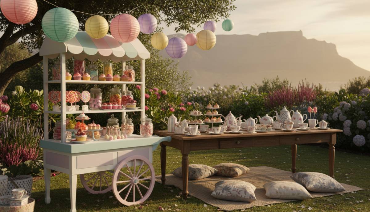 Alice in Wonderland tea table in a Cape Town garden with pastel lanterns