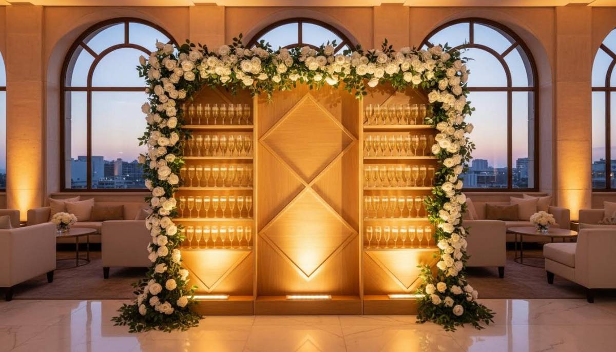 Champagne wall with white roses in a Sandton event room