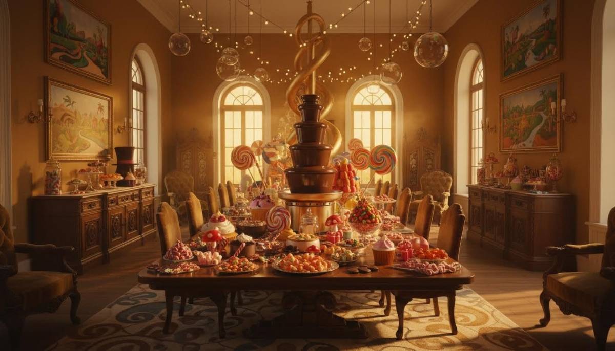 Willy Wonka themed dessert table in a Johannesburg home with purple lighting