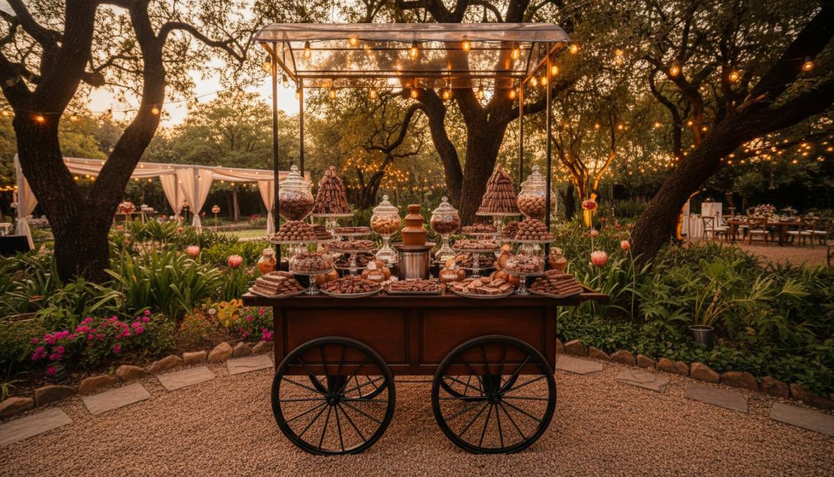 Chocolate factory candy cart in a Pretoria garden with warm festoon lights