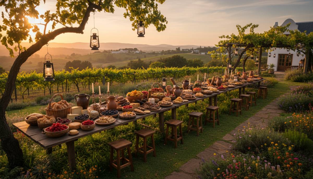 Hobbit feast table in a Stellenbosch garden with golden sunset light