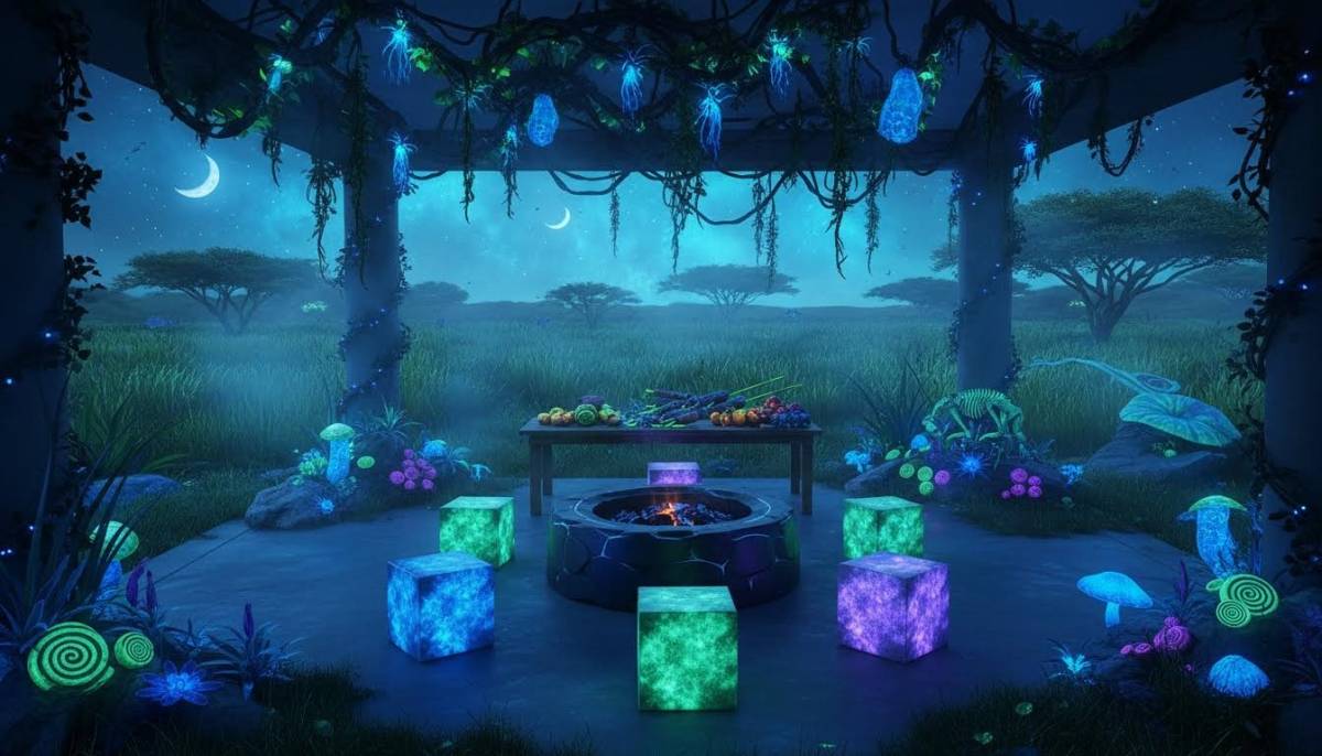 Glow jungle dessert table with UV lighting in a Durban garden.