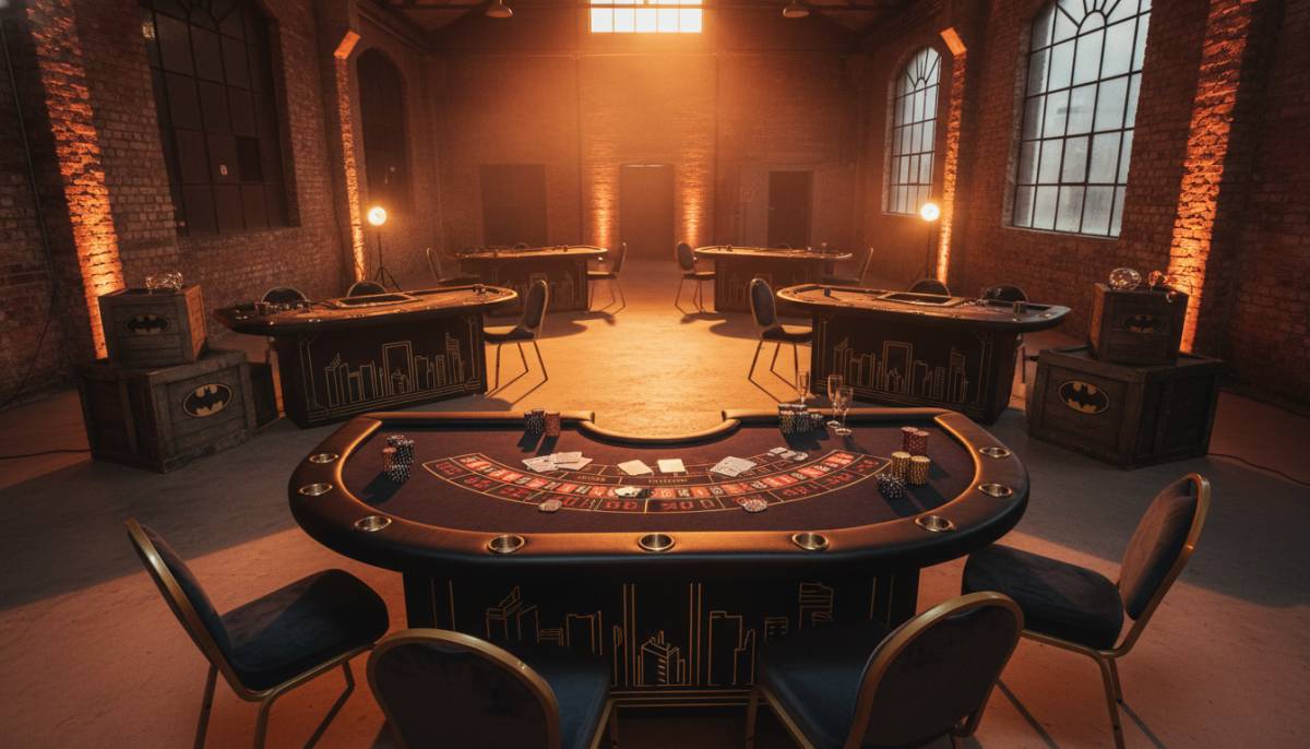 Batman noir casino tables in a Johannesburg warehouse venue with moody amber lighting.