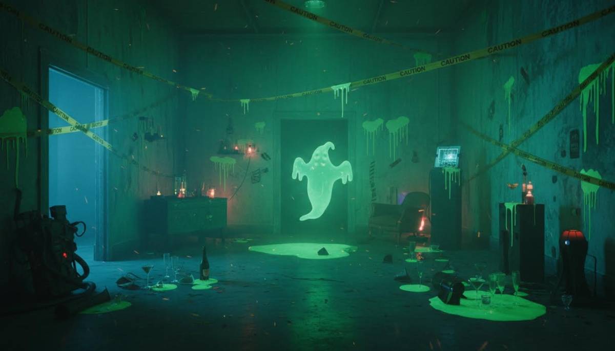 Ghostbusters-inspired slime props with smoke and green uplighting in a Johannesburg clubhouse.