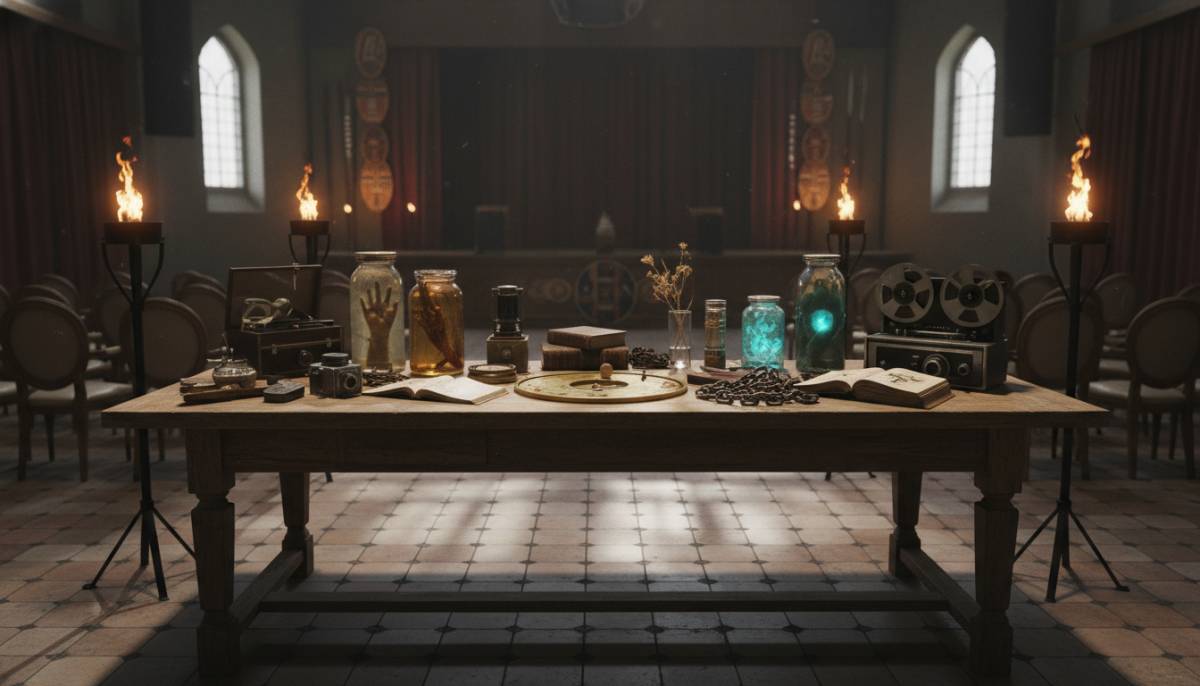 Paranormal evidence table with torches and specimen jars in a Durban venue.