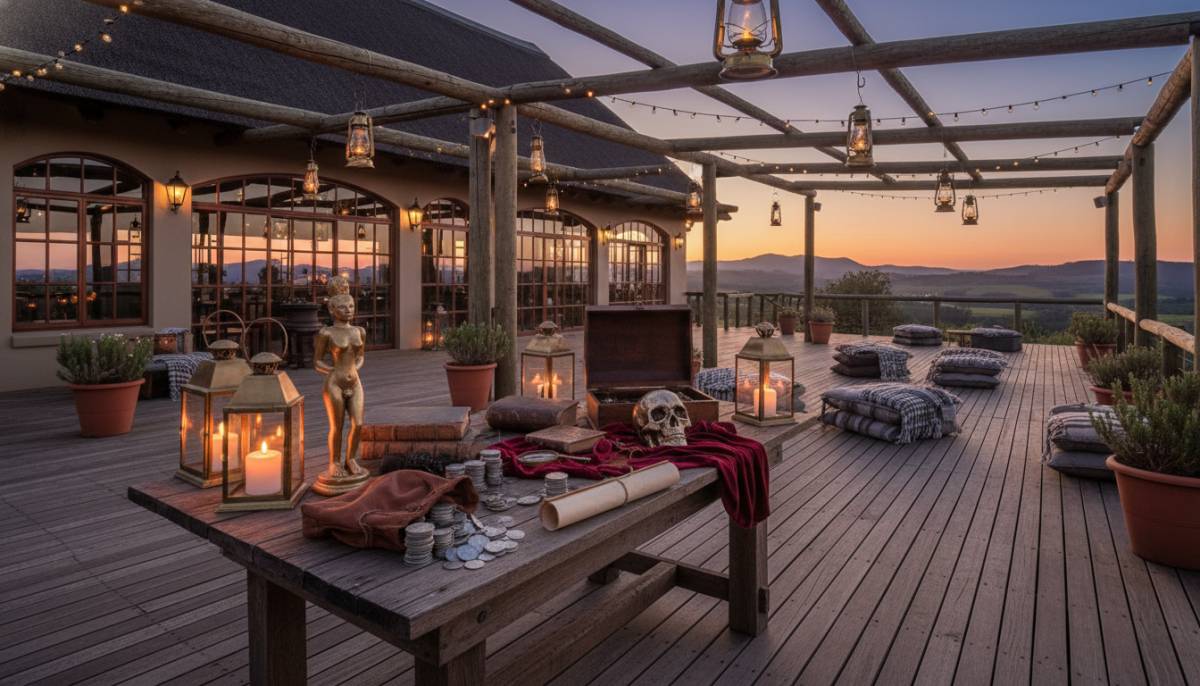 Indiana Jones-inspired treasure table on a Stellenbosch venue deck with warm lantern light.