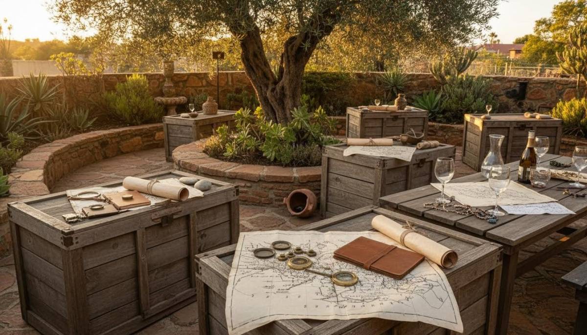 Adventure puzzle crates and old maps in a Centurion garden with golden afternoon light.