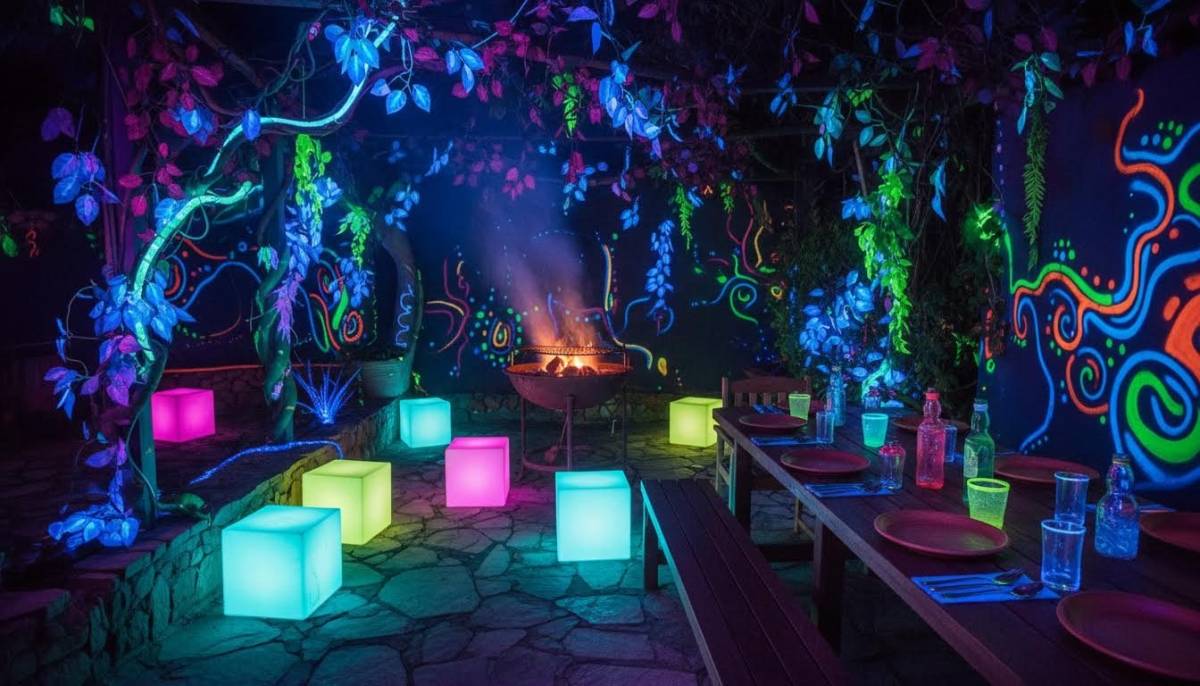 Blue bioluminescent jungle photo corner in a Pretoria backyard.