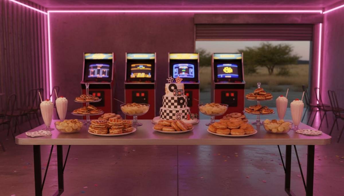 Retro diner dessert table with arcade cabinets in a Johannesburg garage venue under pink neon lighting.