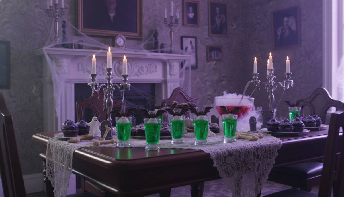Haunted mansion dessert corner with green jelly cups in a Durban home under soft purple lighting.