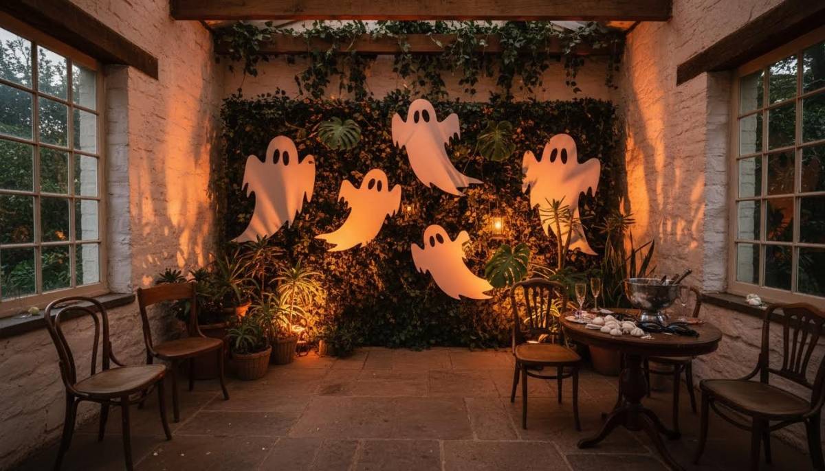 Mystery party photo backdrop with cardboard ghosts in a Joburg garden room under amber lighting.