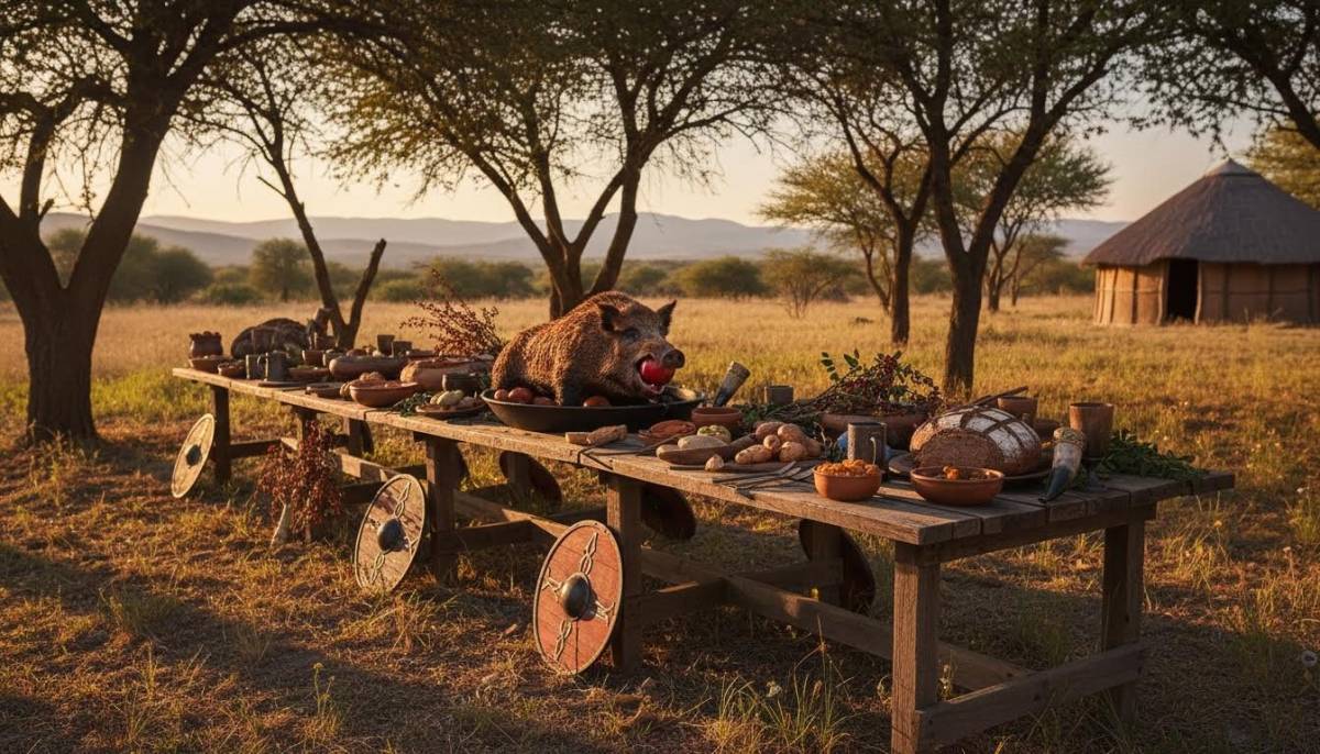 Viking feast table with wooden boards in a Pretoria lapa with warm firelight