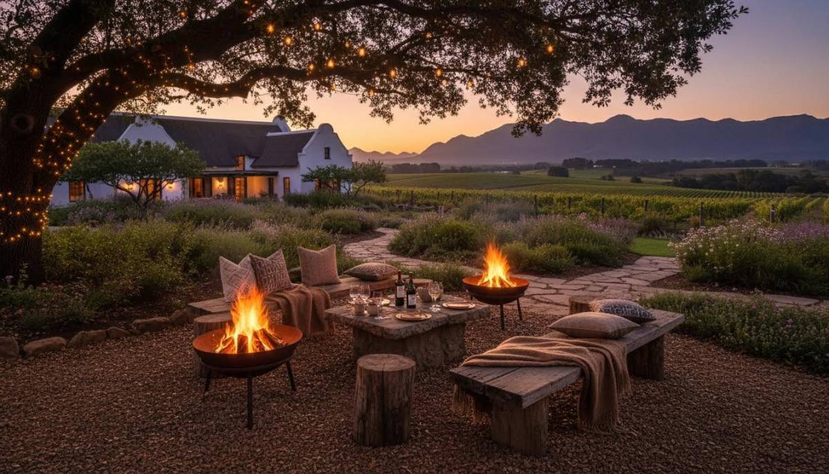 Outdoor fire bowls beside rustic seating in a Stellenbosch garden with dusk lighting