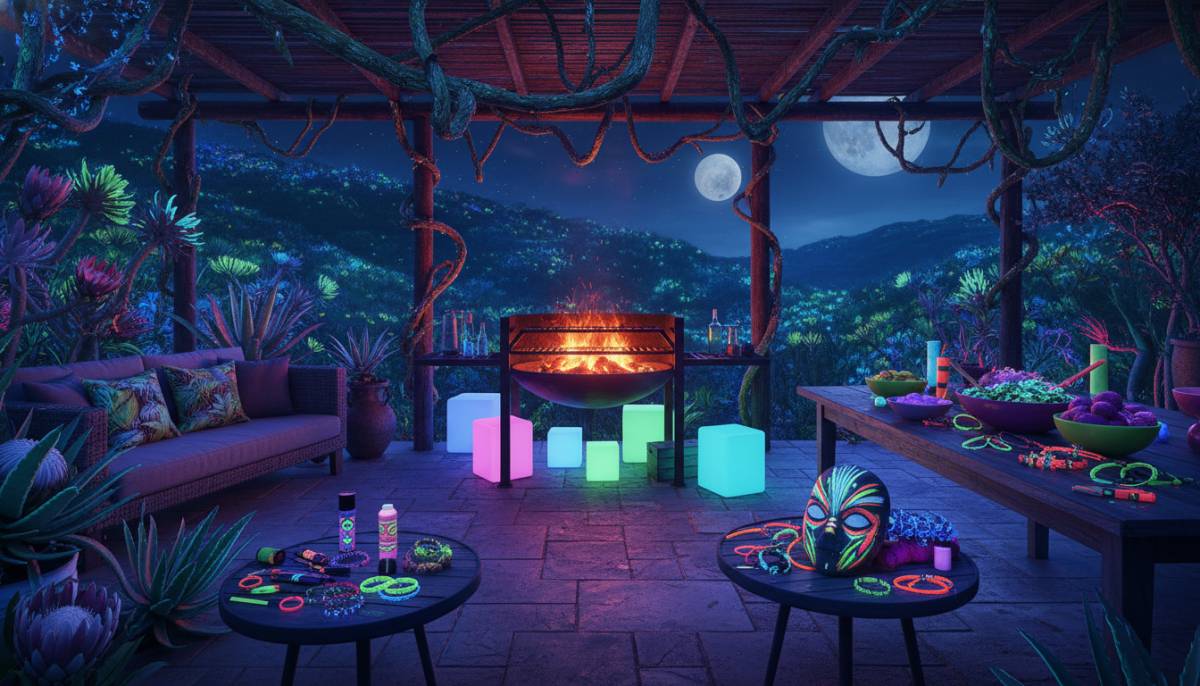 Glow braai station with neon plants on a South African patio.