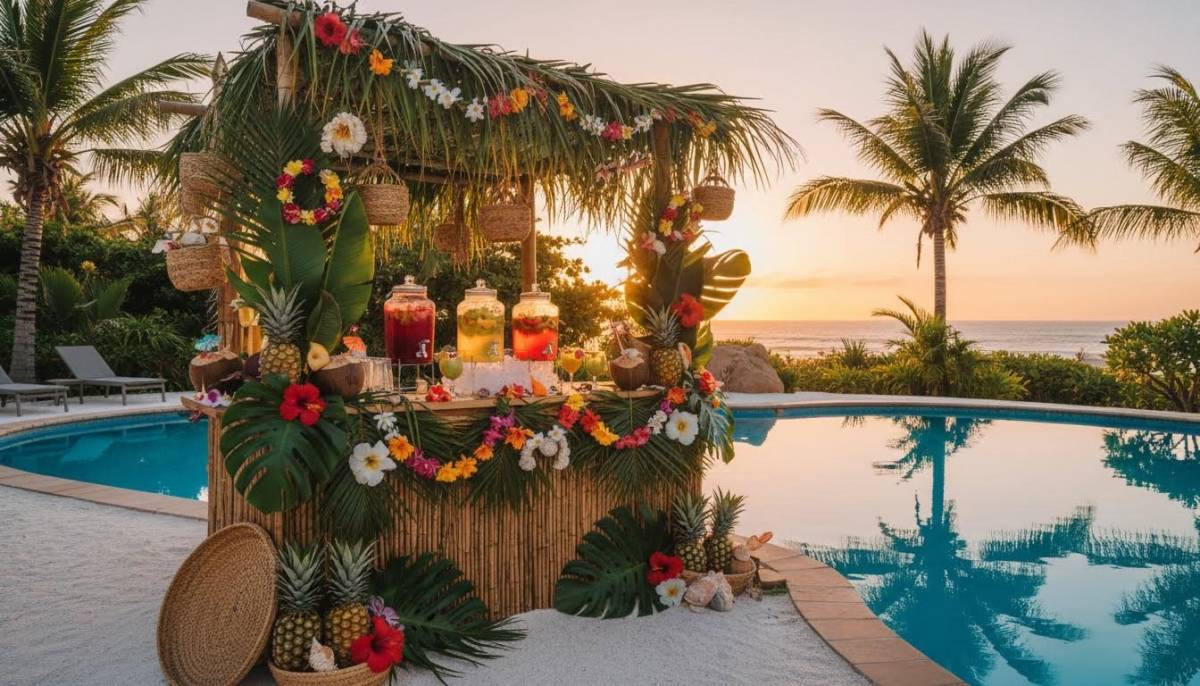 Moana inspired tropical lagoon setup beside a Durban pool at sunset