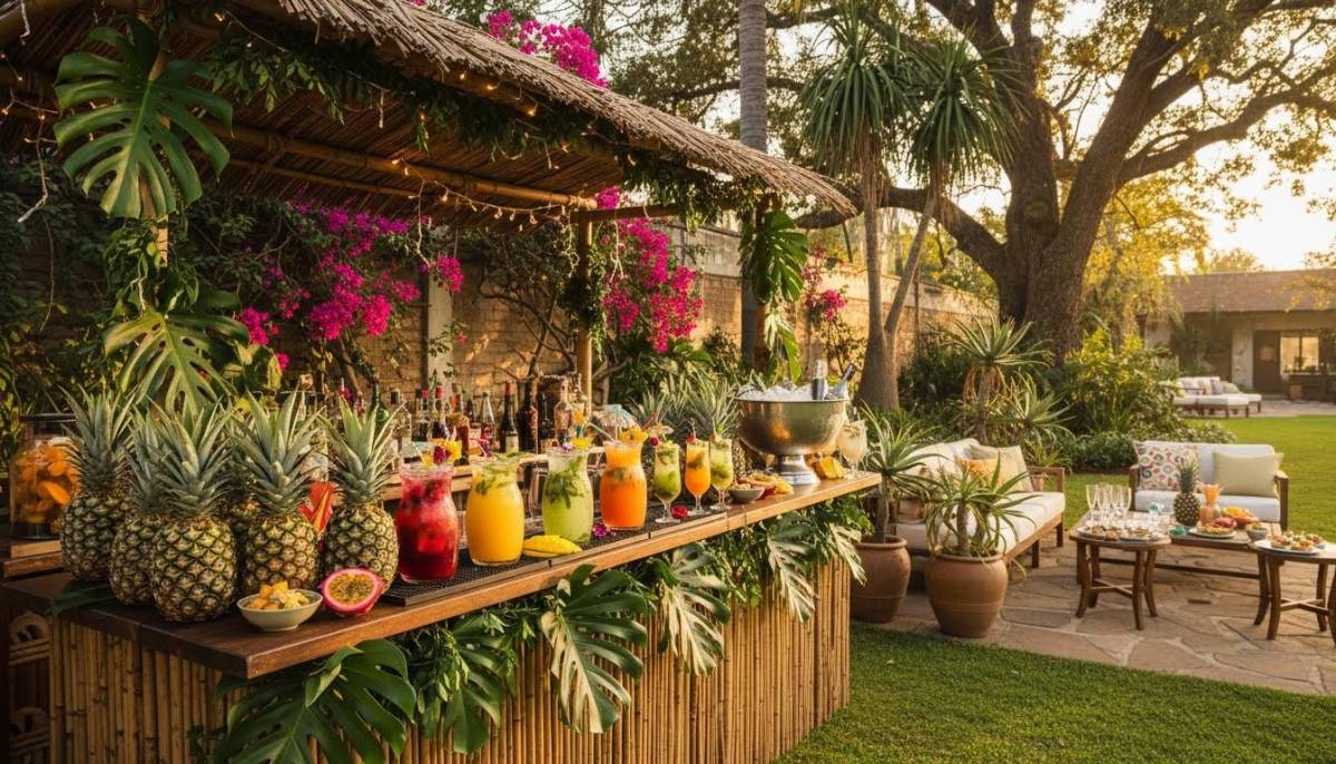 Tropical mocktail bar with pineapples at a Johannesburg garden party in warm afternoon light