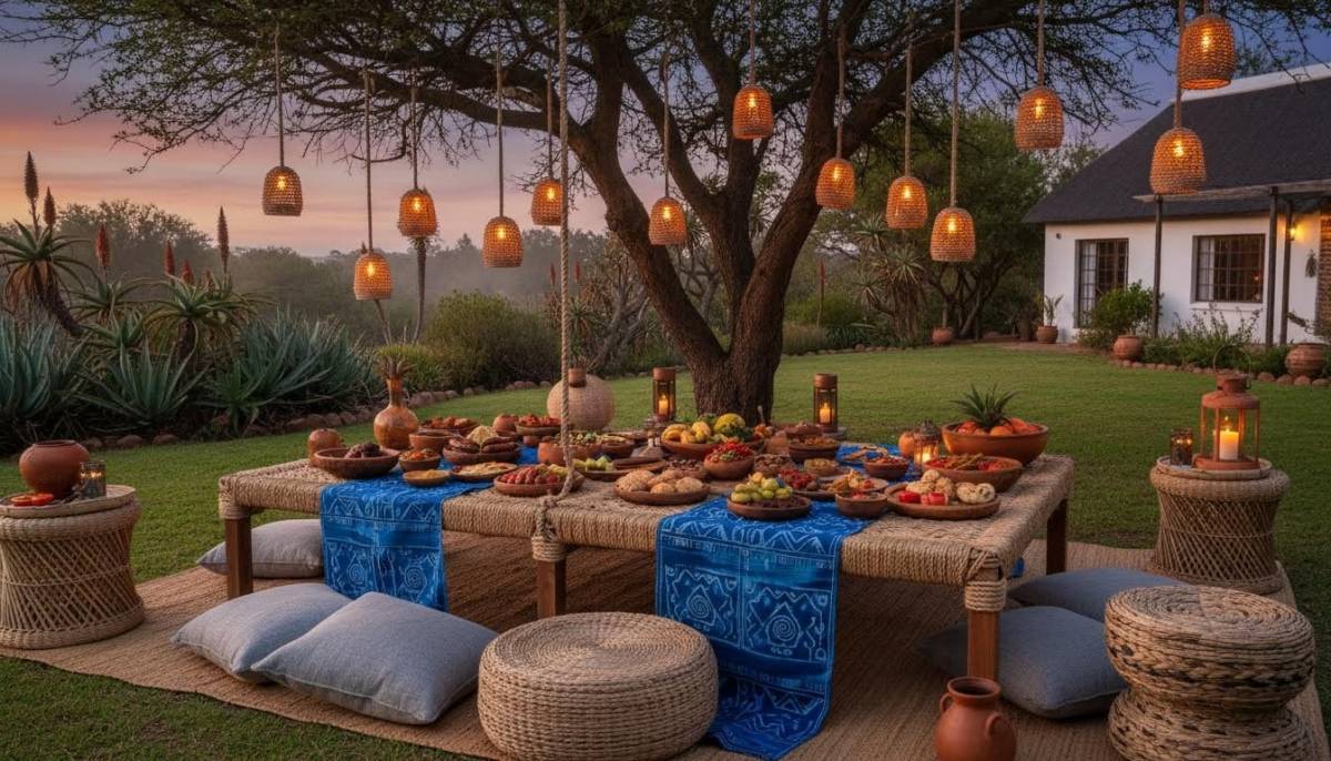 Moana style woven picnic table with blue runners in a South African backyard at dusk
