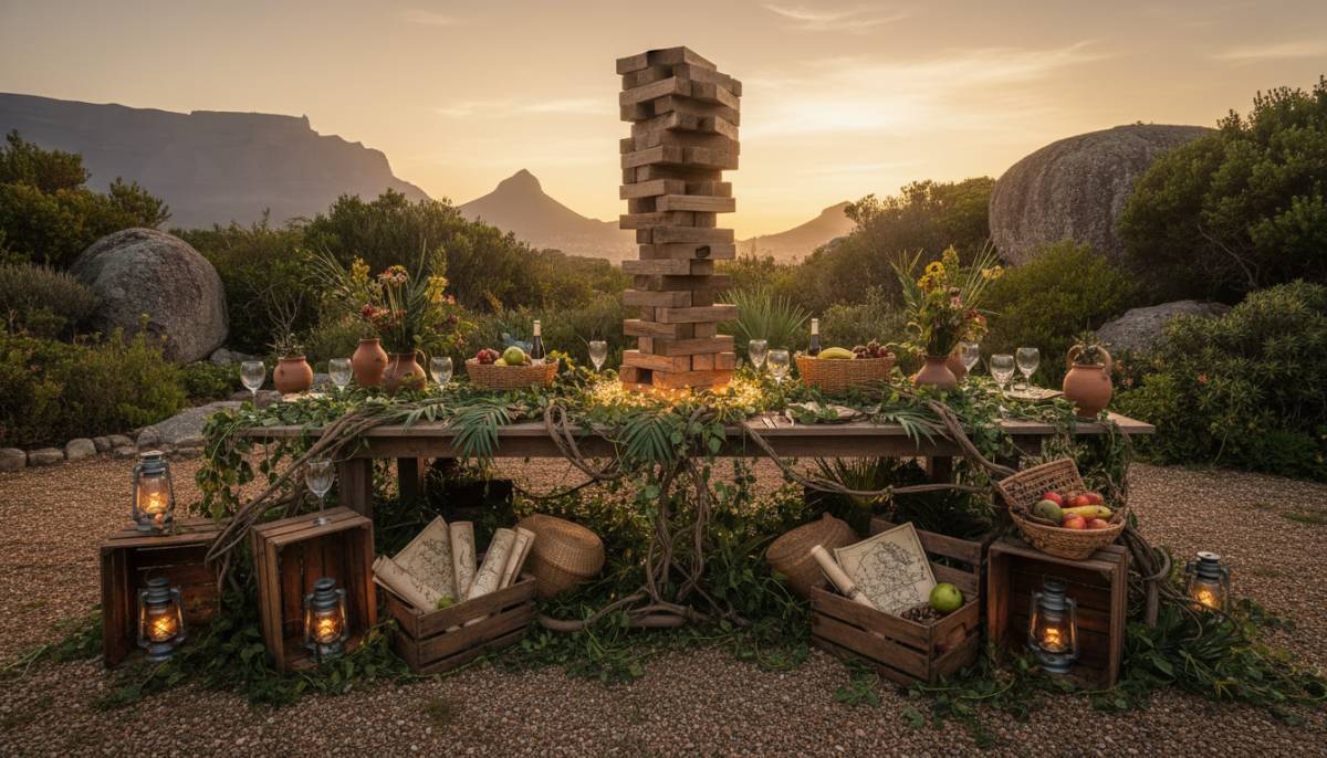 Jumanji jungle party table with vines, crates and Giant Jenga in a garden at dusk.