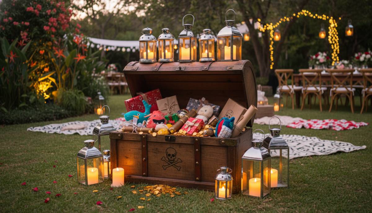 Pirate treasure chest prize corner at a Pretoria garden party with lantern light