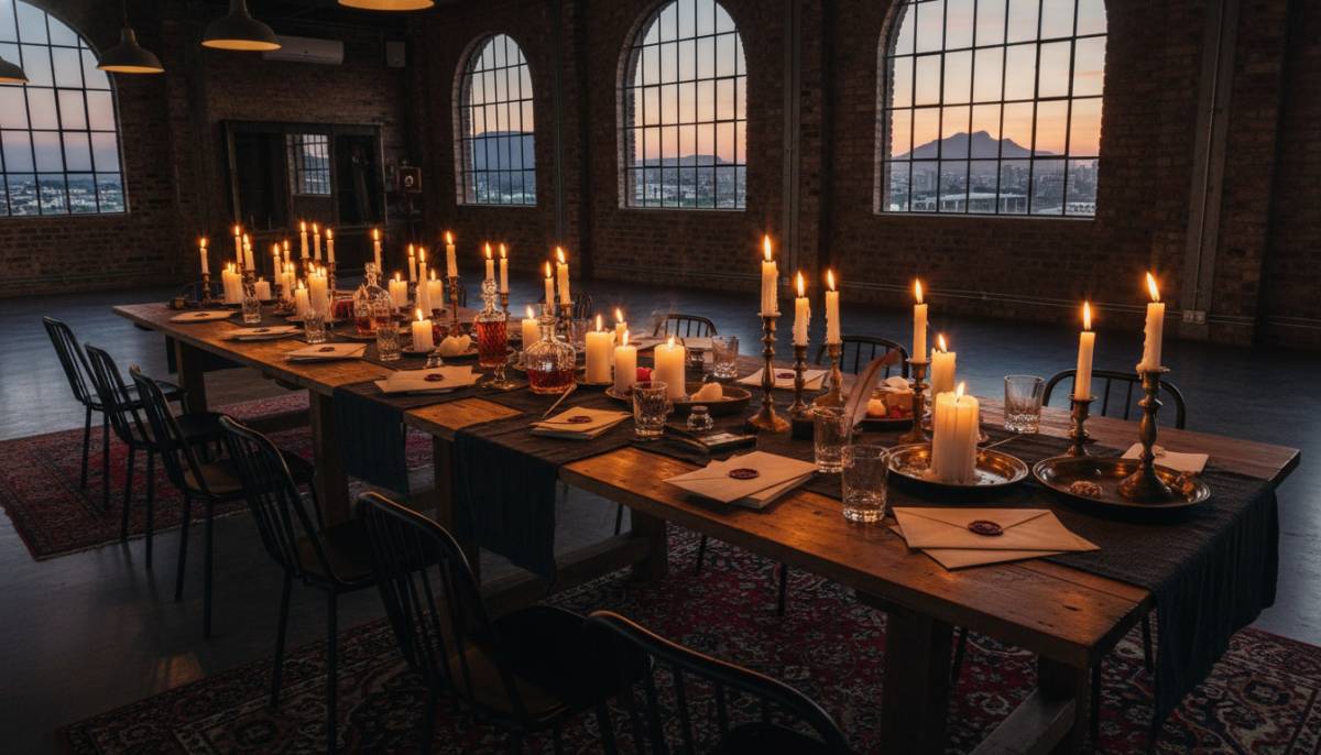 Secret society induction table with candles and envelopes in a Cape Town loft.