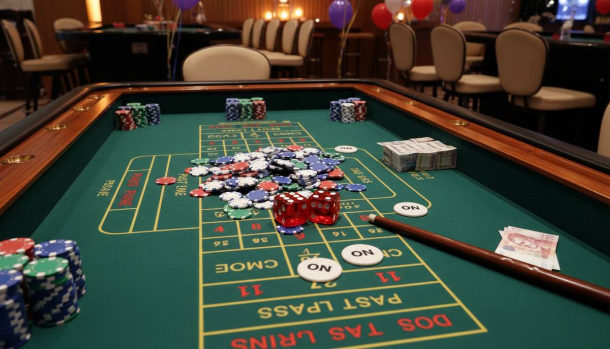 Heist casino table with fake chips in a Pretoria hall.