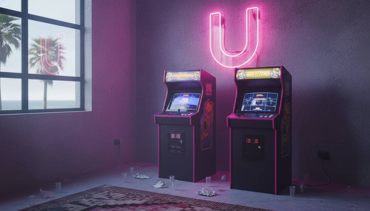 Arcade machine corner in a Durban party venue with magenta neon lighting