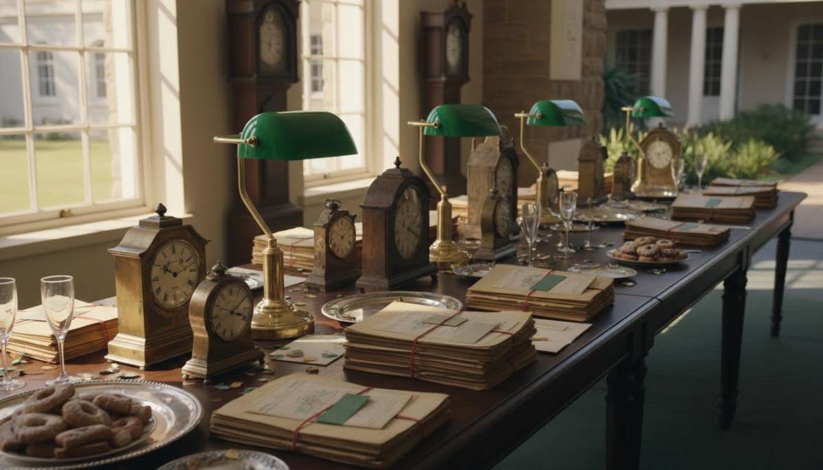 Old clocks and classified folders on a Pretoria party table with green desk lamps