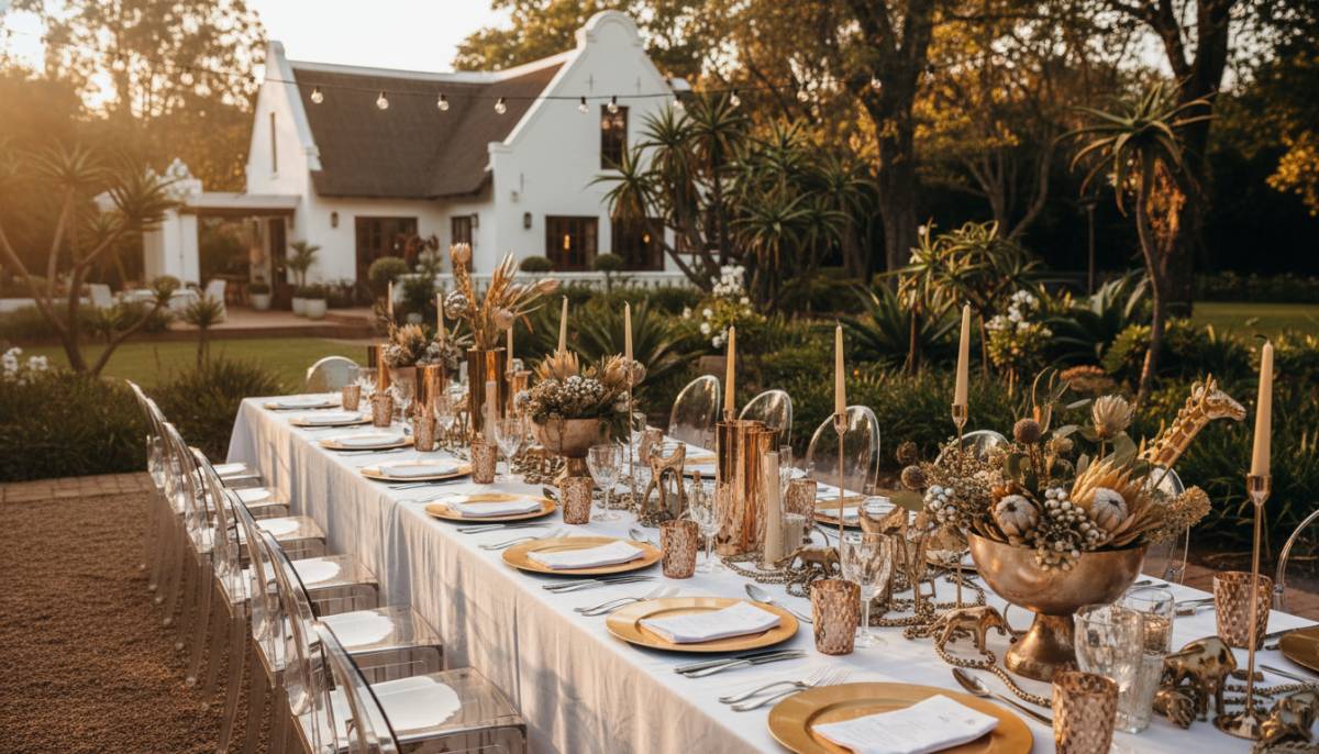 Capitol-style banquet table with metallic decor in a Johannesburg garden venue at golden hour.