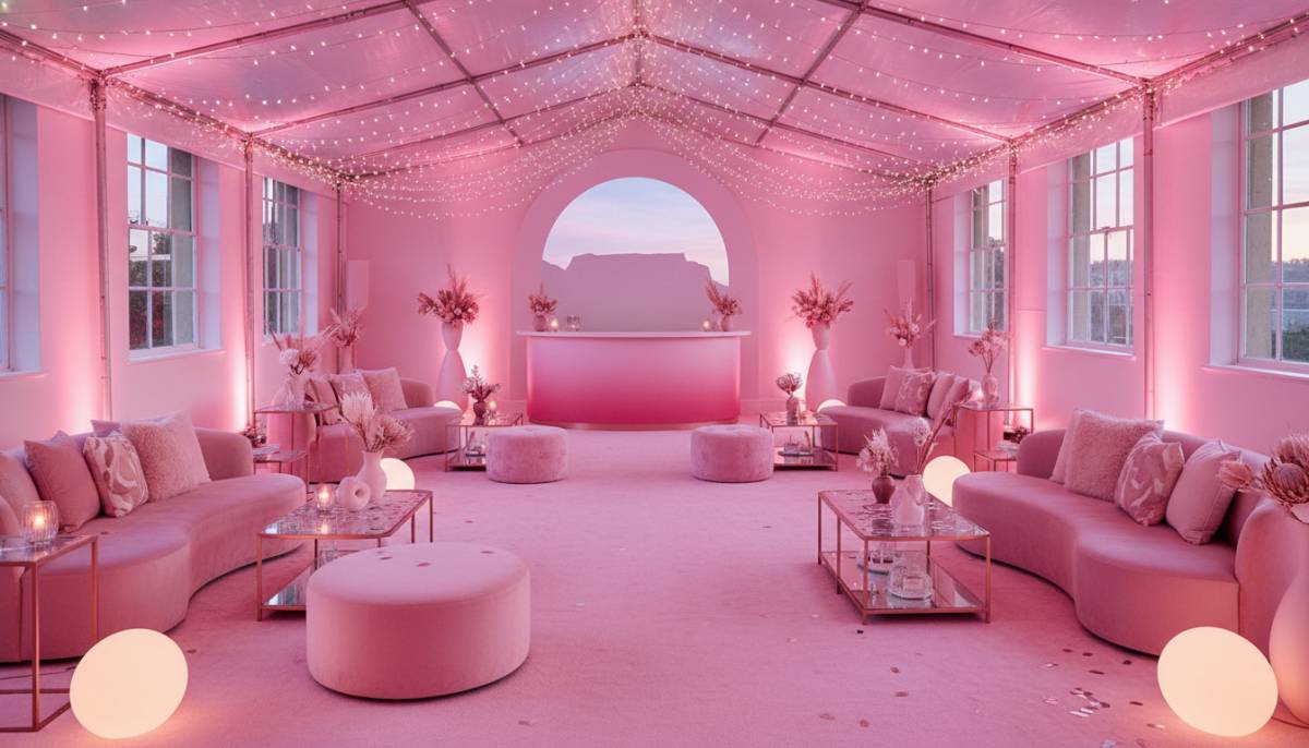 Pink Dreamhouse lounge setup in a Cape Town event studio with soft party lighting.