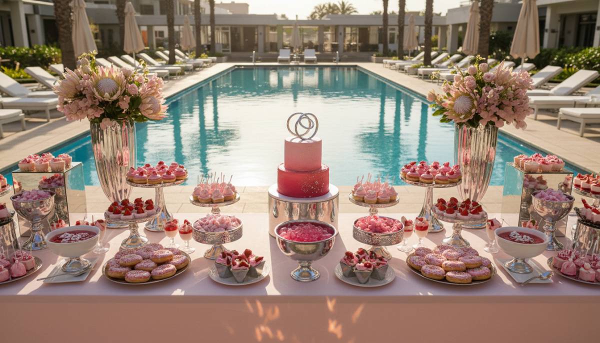 Pink dessert table with chrome accents at a Durban poolside party in afternoon light.