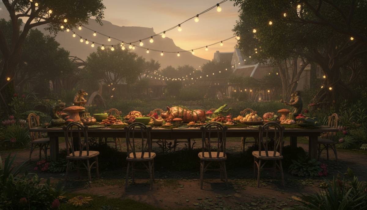 Shrek swamp banquet table in a Cape Town garden with warm festoon lighting