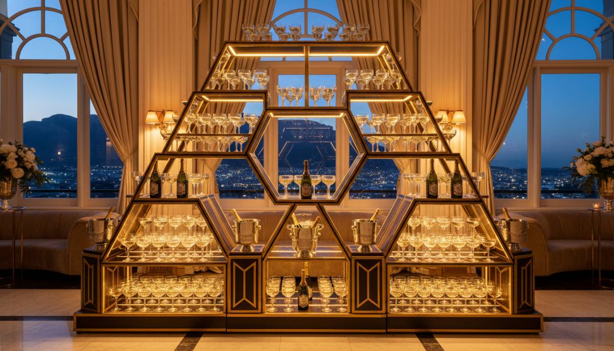 Gatsby champagne wall in a Cape Town venue with warm golden lighting.
