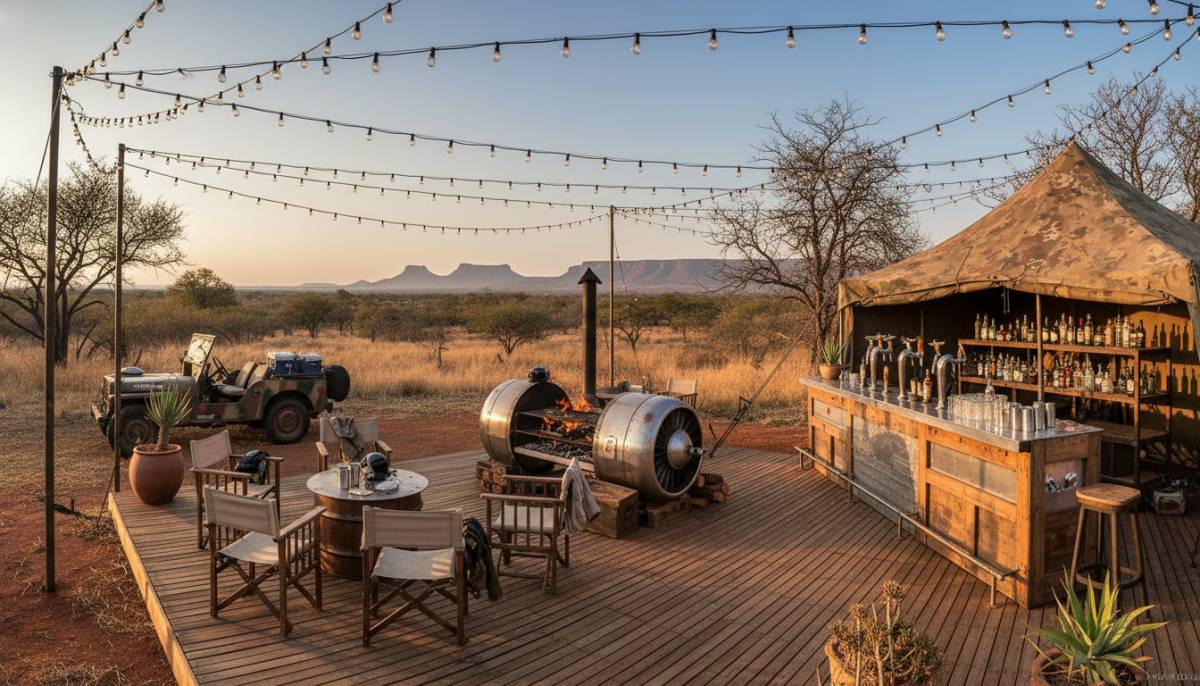 Outdoor braai bar setup with Top Gun styling and festoon lights in Pretoria.